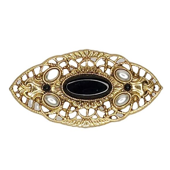 Goldtone Victorian Filigree Oval Faux Onyx Pearl Brooch 2.25"X1.25" - Picture 2 of 3